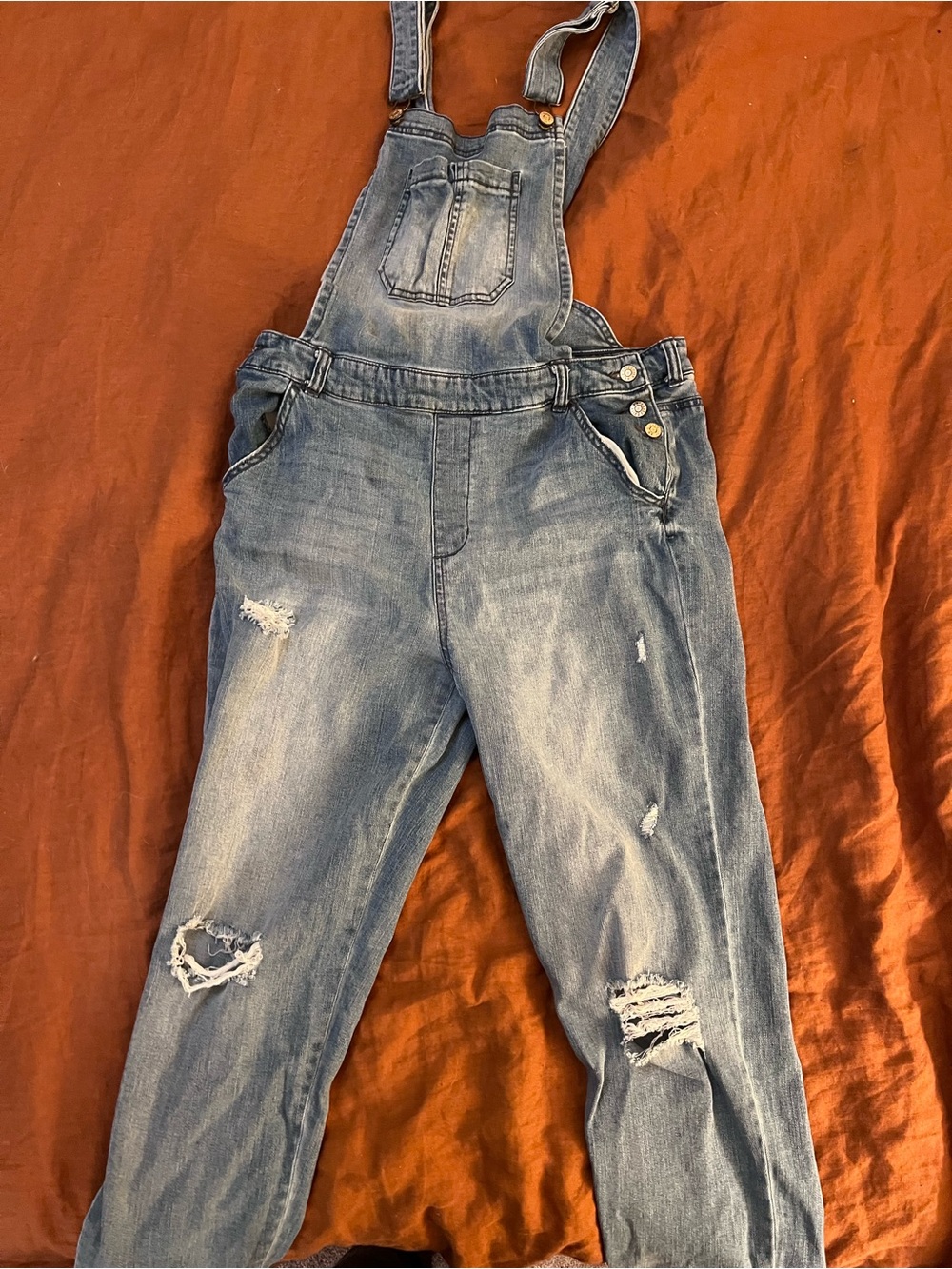Celebrity Pink Distressed Light Blue Denim Overalls